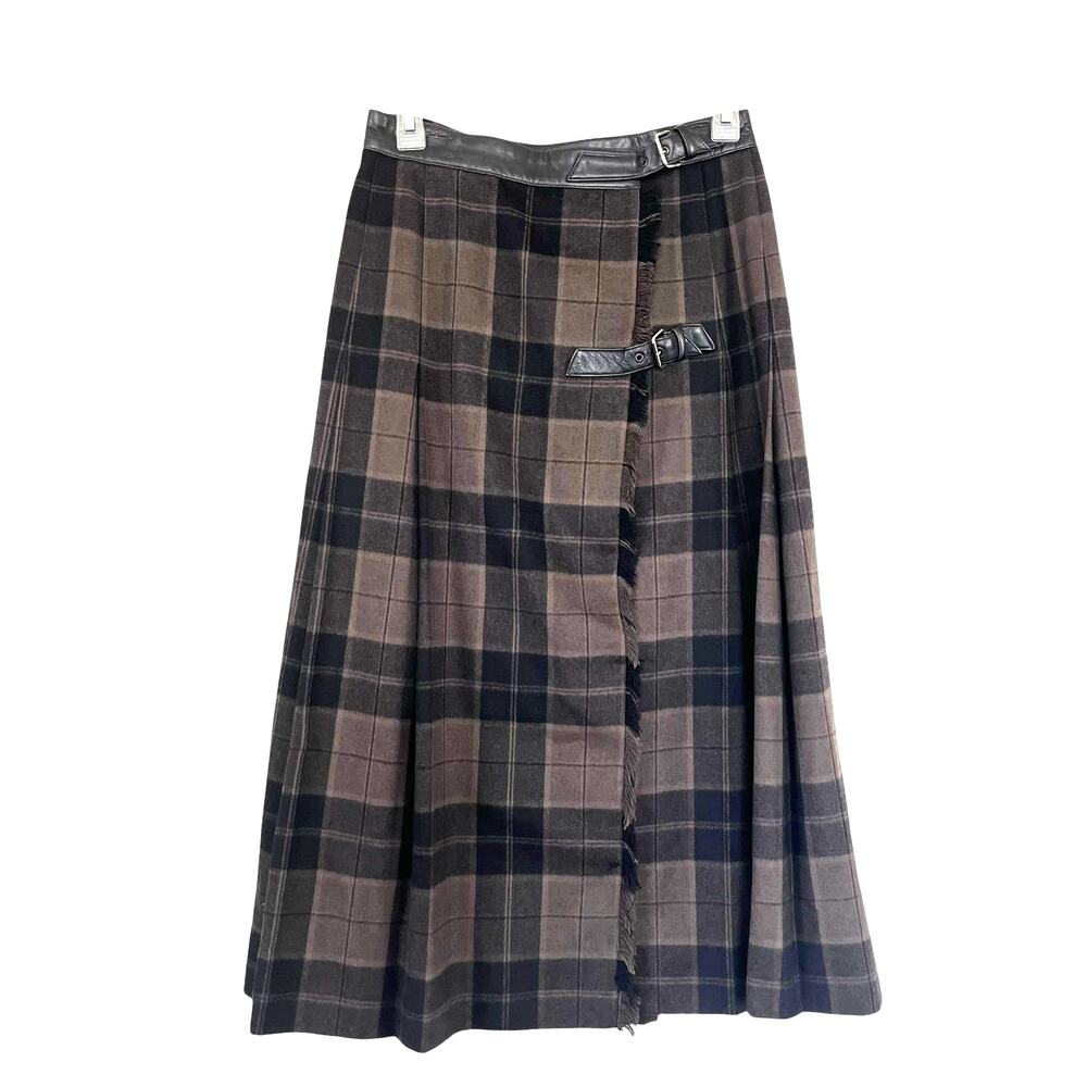 Escada Brown Black Plaid Wool Pleated Leather Belt Midi Kilt Skirt Size 38/ US M